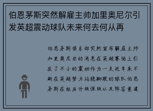 伯恩茅斯突然解雇主帅加里奥尼尔引发英超震动球队未来何去何从再 伯恩茅斯突然解雇主帅加里奥尼尔引发英超震动球队未来何去何从再